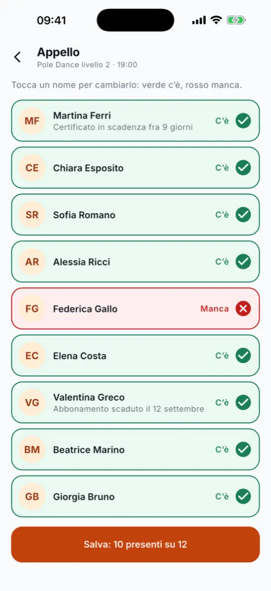 La modalità lavoro per gli istruttori: l’appello della lezione con presenti, assenti e certificati in scadenza