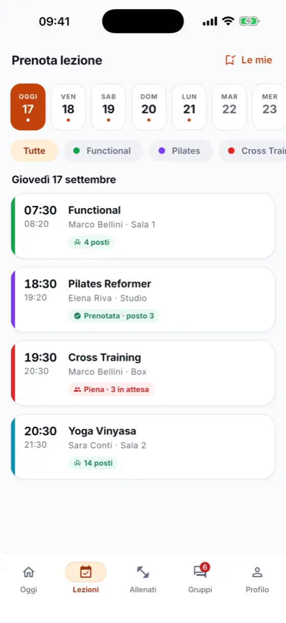 Prenotazione dei corsi dall’app: le lezioni del giorno con istruttore, sala, posti liberi e lista d’attesa